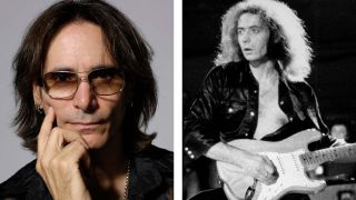 A portrait of Steve Vai and a photo of Ritchie Blackmore performing live