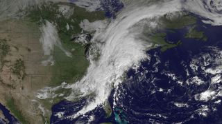 The GOES satellite captured this image of a large system of rain and thunderstorms over the East Coast on Sept. 18, 2012, that is unusual for this time of year, and is likely to produce much rain and strong winds.