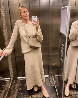 Kelly Rutherford wearing a By Malene Birger knit skirt set