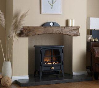 Electric fireplace with wood mantel around the fireplace