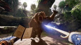 Avowed player character fights a bear with a sword and spellbook