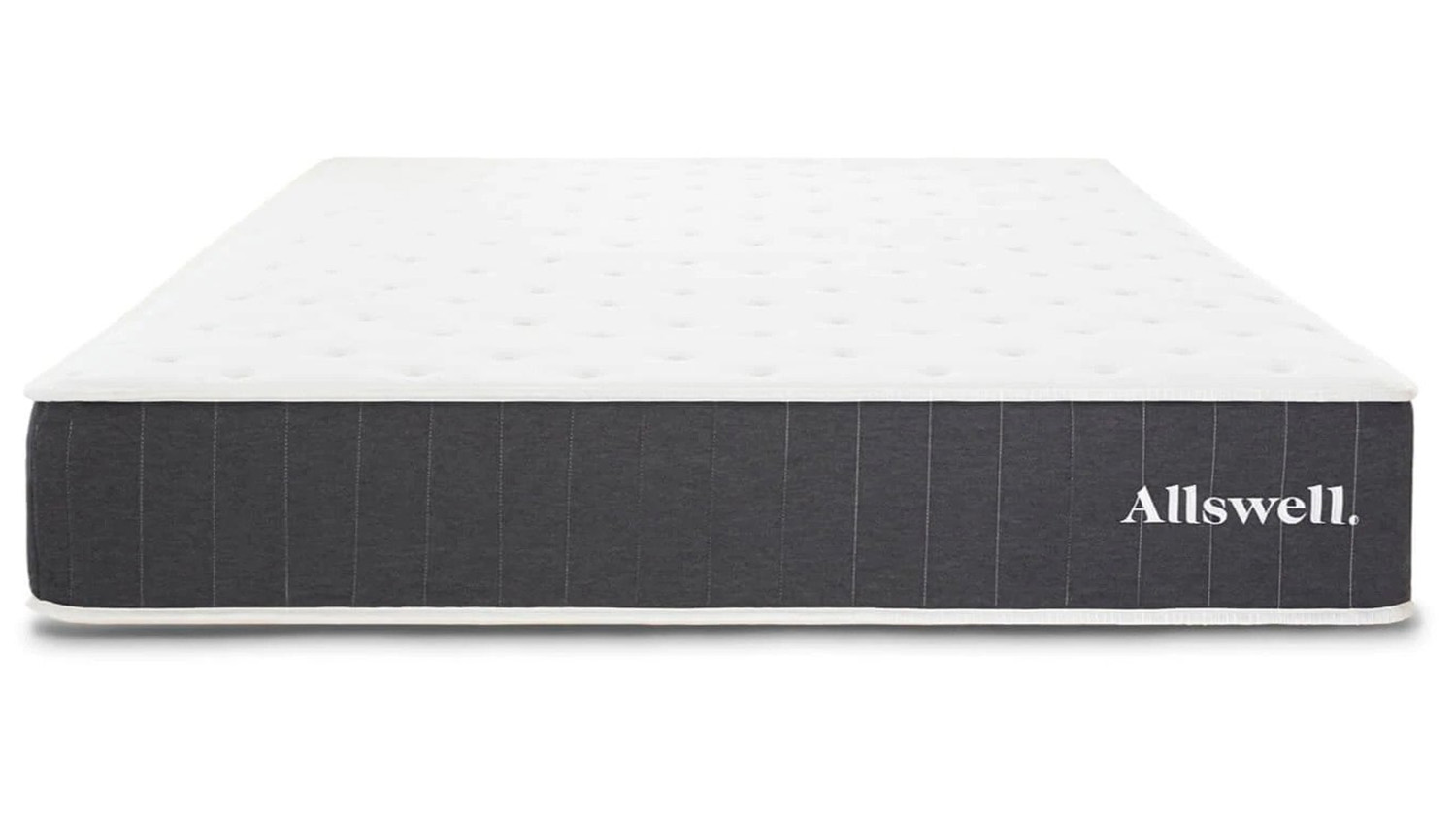 Best budget mattress: The Allswell Mattress photographed with a black base and white quilted top