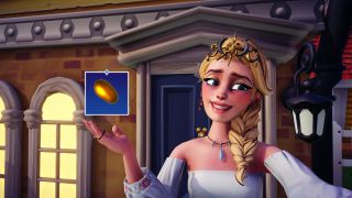 Disney Dreamlight Valley - A player poses for a selfie, looking embarassed, with an edited interface showing a golden potato in her hand