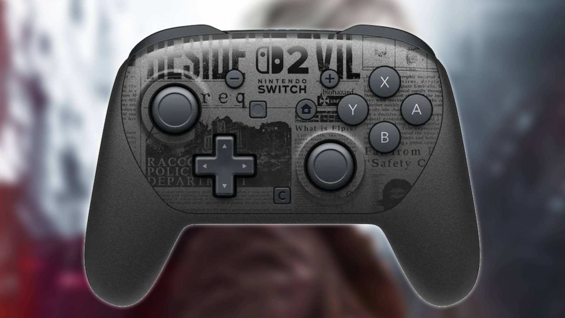 Key Capcom Resident Evil Requiem art in the background with the Resident Evil Switch 2 Pro controller from Nintendo sitting in top.