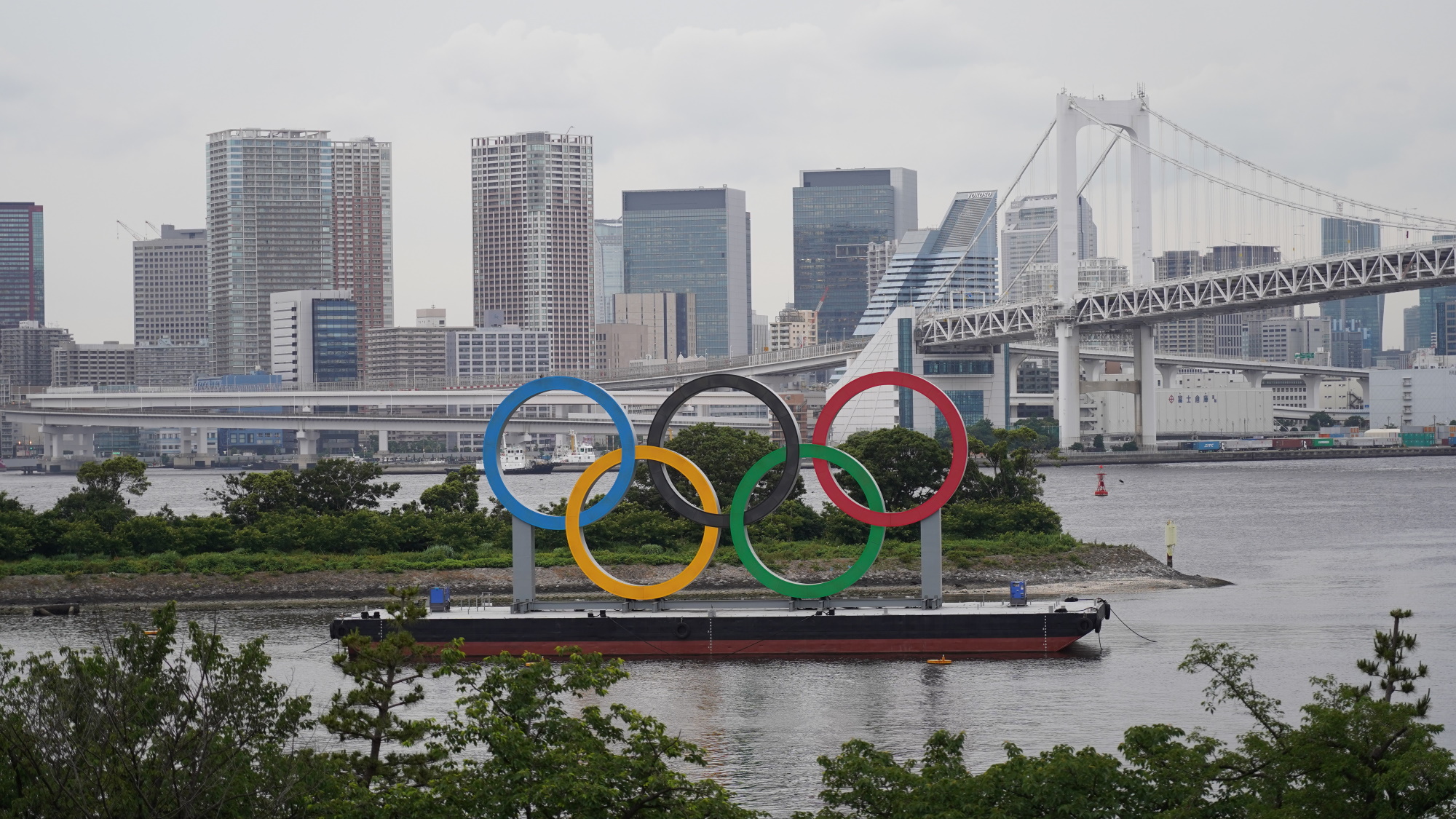 The Olympic Rings are seen displayed by the Odaiba Marine Park
