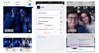 How to remove a person from the People album: Tap on the options menu, select Remove from People, and tap on Remove from People Album
