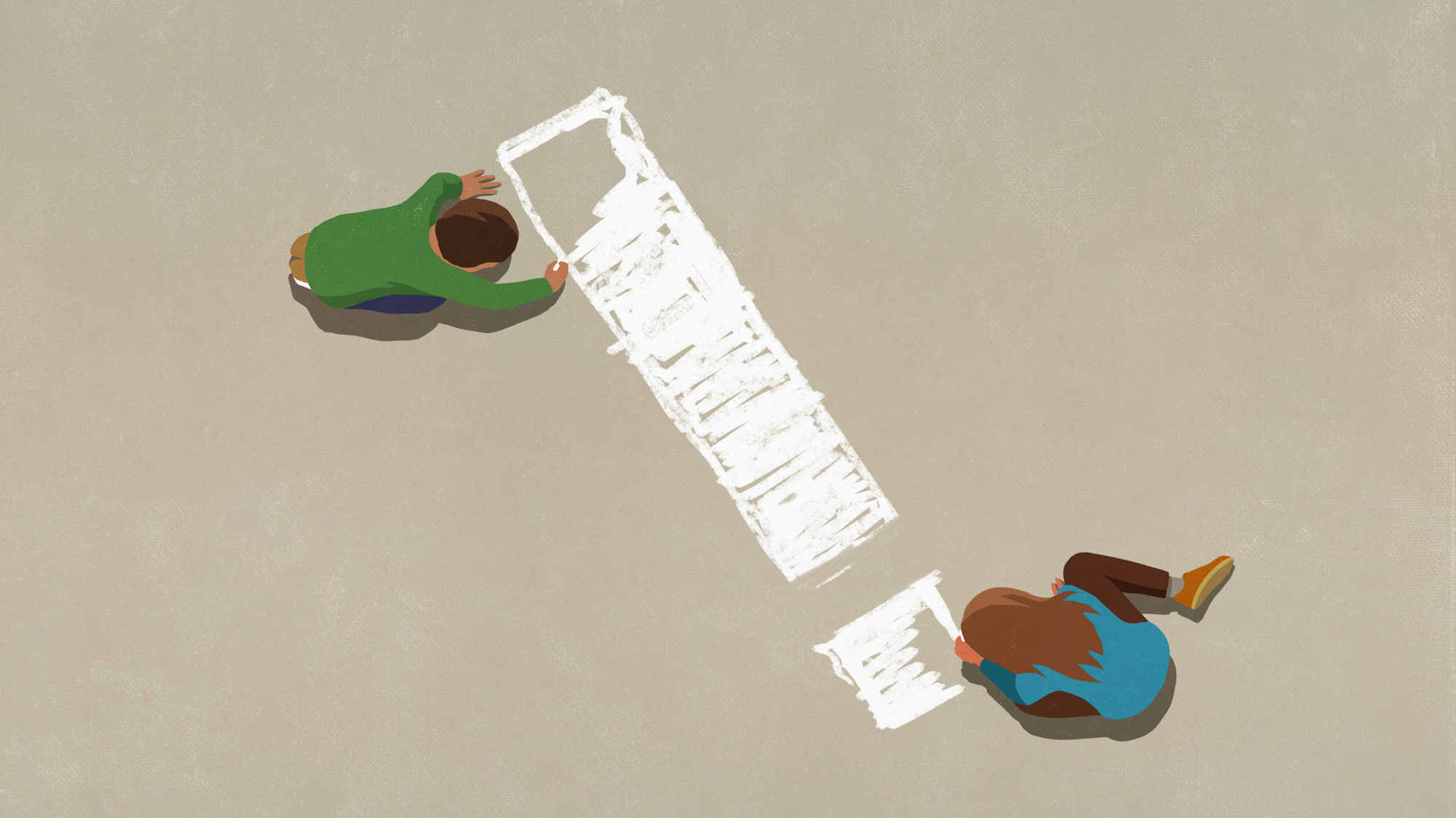 A boy and a girl drawing a large exclamation point in white chalk on the ground