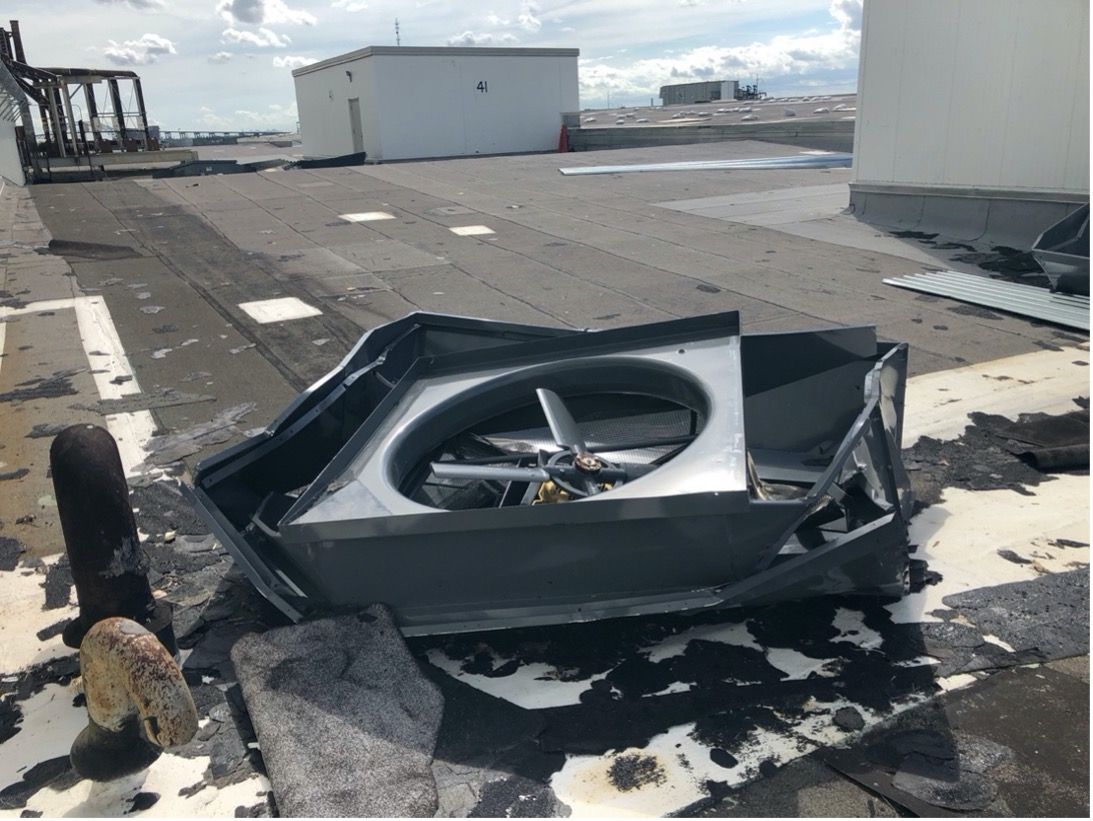 A fan detached and damaged by Hurricane Ida as seen on the roof of the main manufacturing building at NASA&#039;s Michoud Assembly Facility in New Orleans.