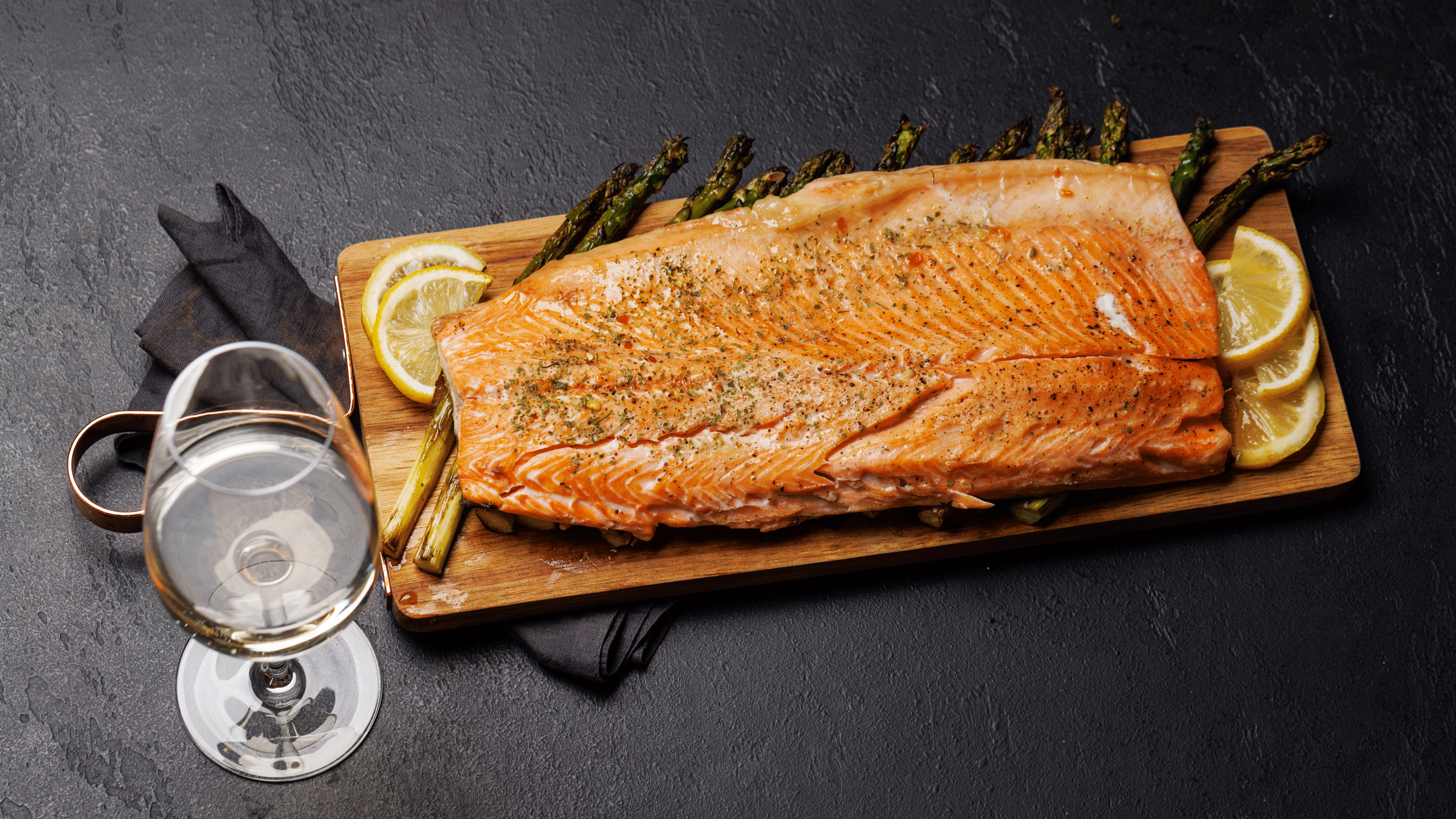 Cedar-planked salmon and wine