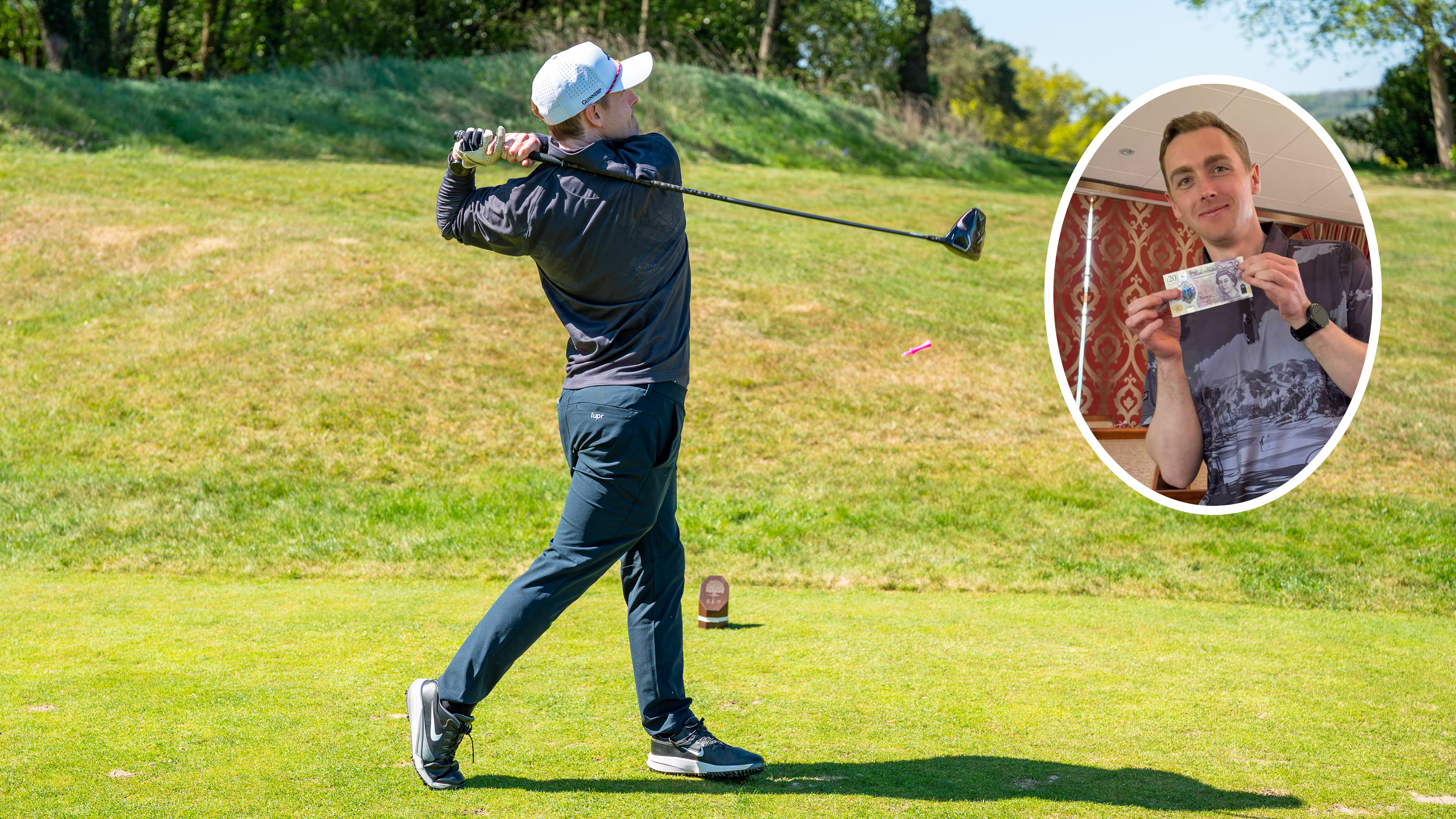 Main image of Jonny Leighfield ripping a drive down the middle of the fairway at Tandridge Golf Club with inset photo showing Jonny collecting part of his prize