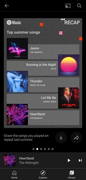 A look at the top songs for a user's YouTube Music Summer recap.