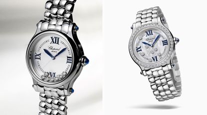 Chopard Happy Sport watch in steel and diamonds against a pale grey background