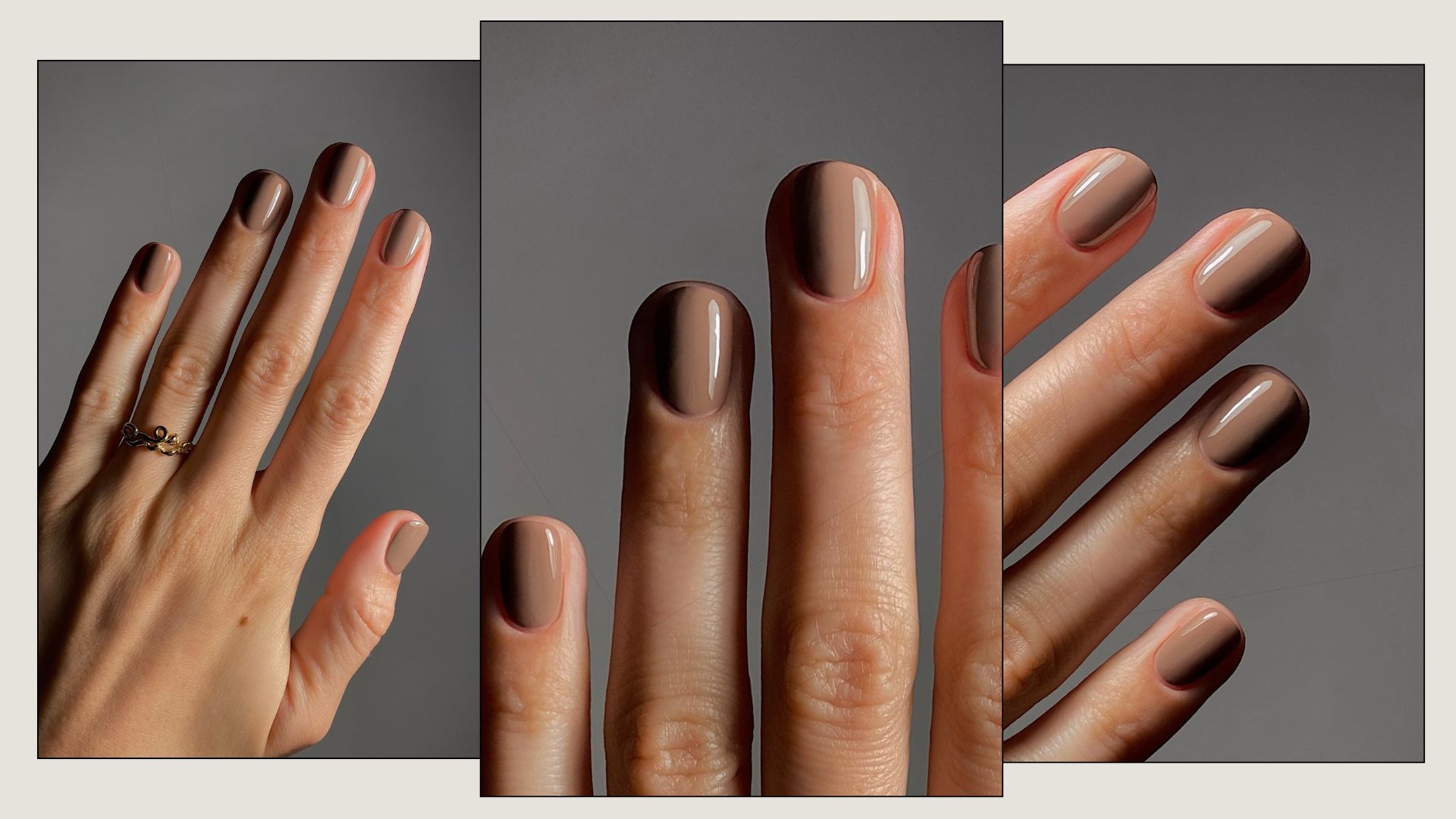 A close-up of a light brown, cappuccino-inspired manicure
