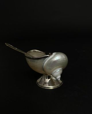 A table accessory carved out of a mother of pearl shell and silver houses a silver spoon while sitting against a black background.