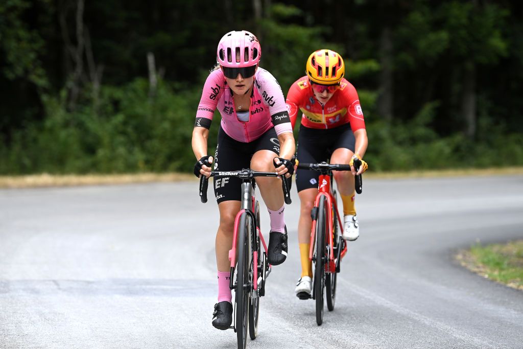 MAURIAC FRANCE JULY 24 LR Georgia Williams of New Zealand and Team EF EducationTIBCOSVB and Hannah Ludwig of Germany and Team UnoX Pro Cycling Team compete in the breakaway during the 2nd Tour de France Femmes 2023 Stage 2 a 1517km stage from ClermontFerrand to Mauriac UCIWWT on July 24 2023 in Mauriac France Photo by Tim de WaeleGetty Images