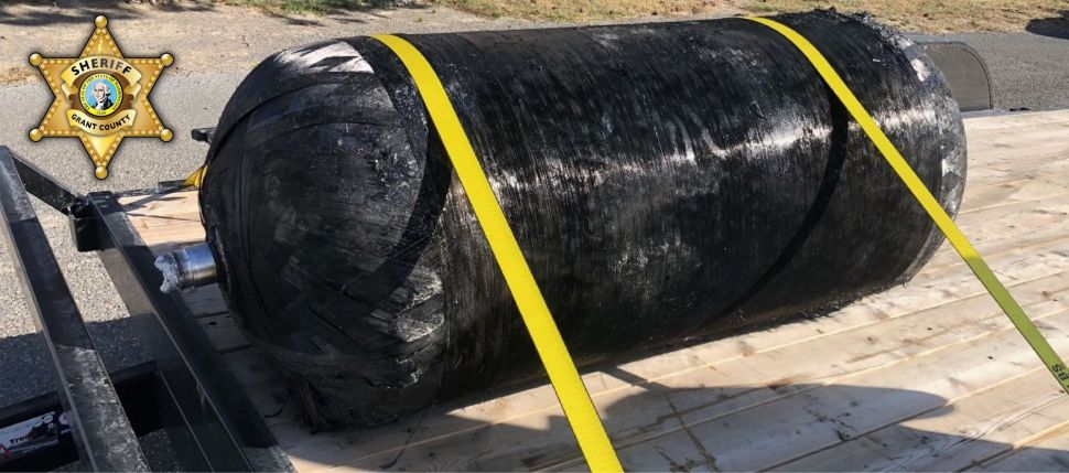 This pressure vessel, which came from the second stage of a Falcon 9 rocket, fell onto a farm in central Washington, local authorities reported on April 2, 2021.
