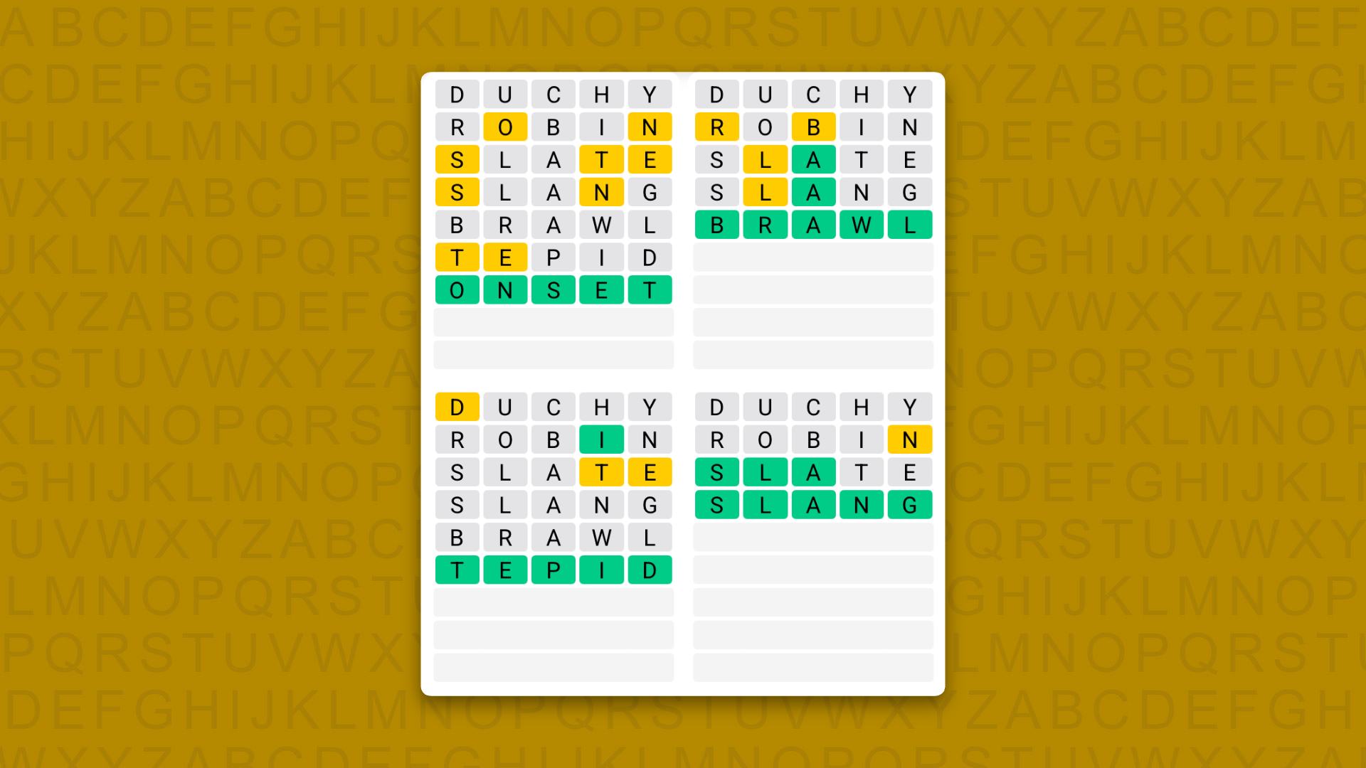 Quordle answers for game 1660 on a yellow background