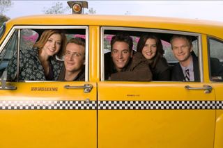 a promo shot of How I Met Your Mother of the cast sitting in a yellow taxi