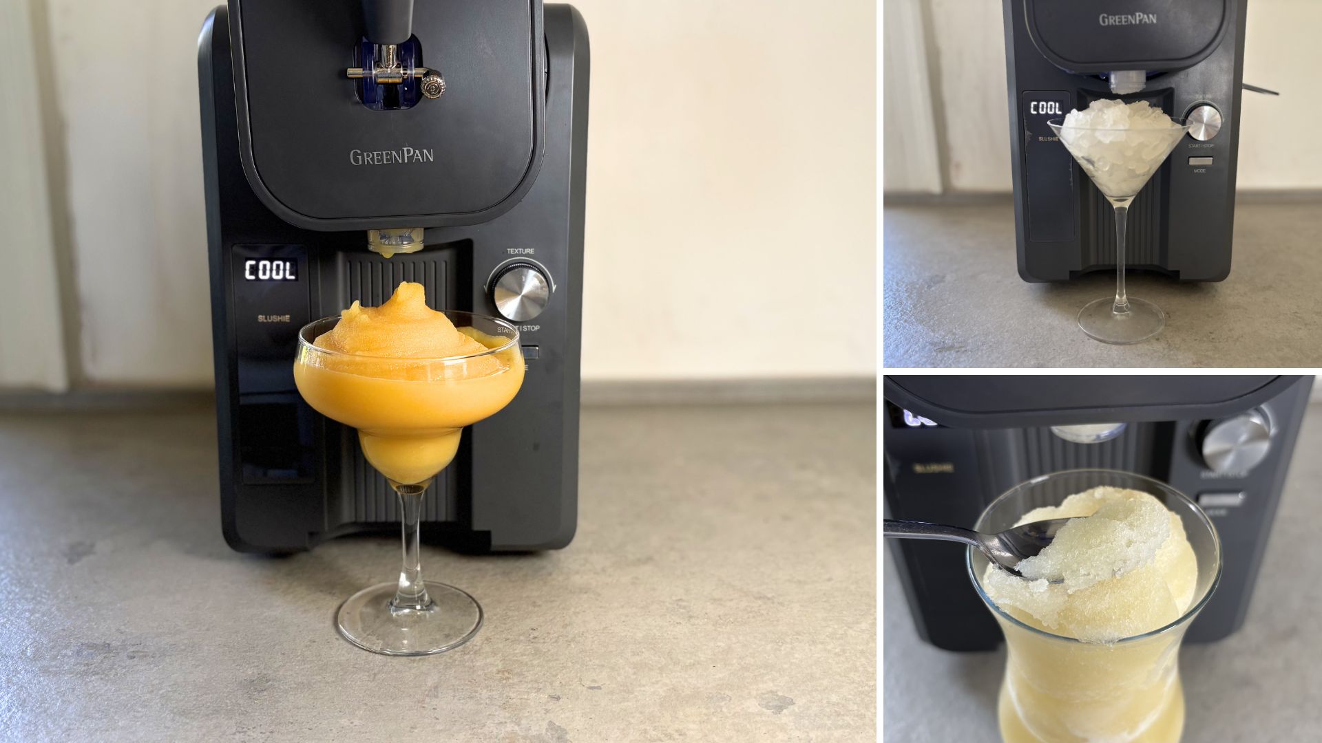 Three iced drinks made in the GreenPan Frost Ice Cream Maker and Slushie Machine