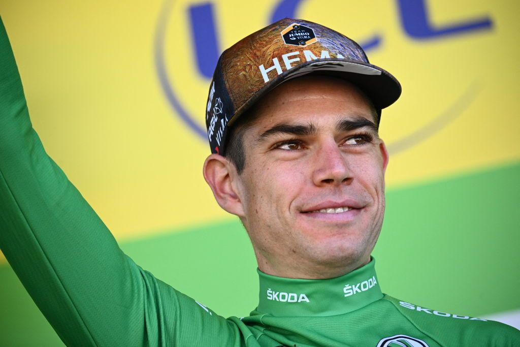 Belgian Wout Van Aert of Team JumboVisma celebrates on the podium of stage seven of the Tour de France cycling race a 176 km race from Tomblaine to La Super Planche des Belles Filles France on Friday 08 July 2022 This years Tour de France takes place from 01 to 24 July 2022 BELGA PHOTO POOL JASPER JACOBS UK OUT Photo by JASPER JACOBS BELGA MAG Belga via AFP Photo by JASPER JACOBSBELGA MAGAFP via Getty Images
