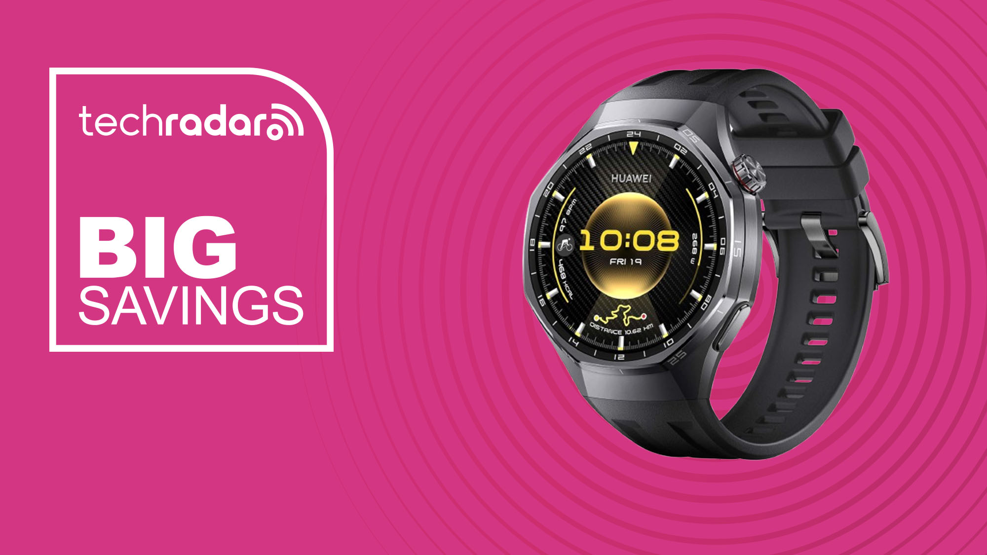 The Huawei Watch GT 6 Pro on a pink background with text saying Big Savings.