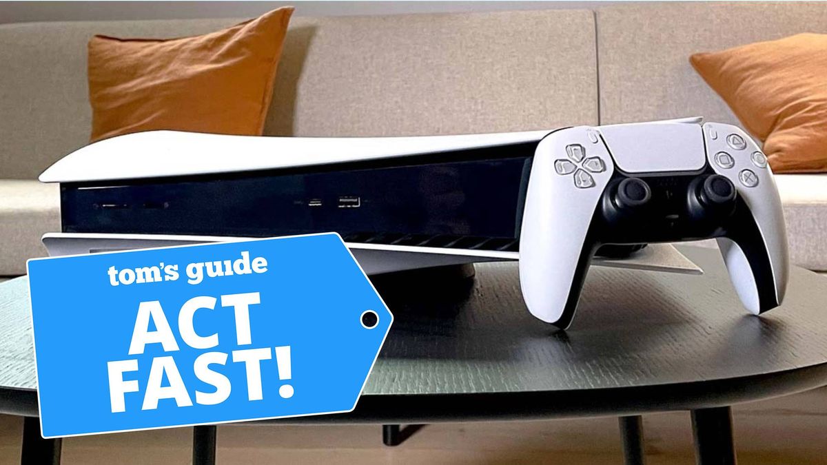 PS5 console on a table with a Tom&#039;s Guide deal tag