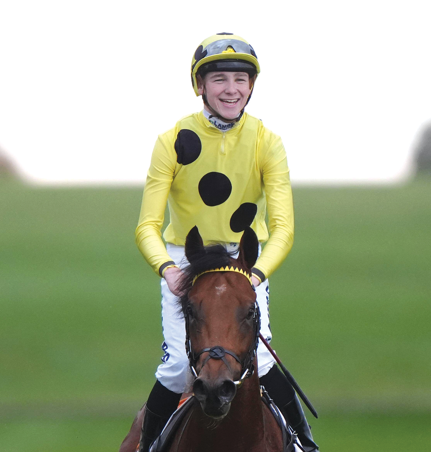 Jockey Billy Loughnane on Bow Echo, smiles after winning the Tattersalls Online Royal Lodge Stakes (Group 2) during Cambridgeshire Saturday at Newmarket Racecourse. Picture date: Saturday 27 Sept 2025