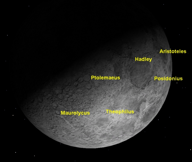 The waxing crescent moon shows sunrise over many craters. The waxing crescent moon shows sunrise over many craters. 