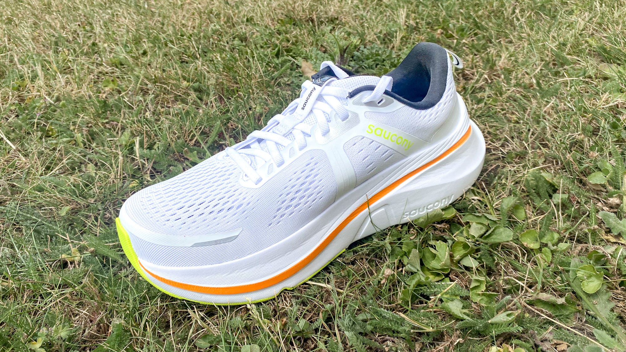 the Saucony Guide 18 in the White/Peel colorway