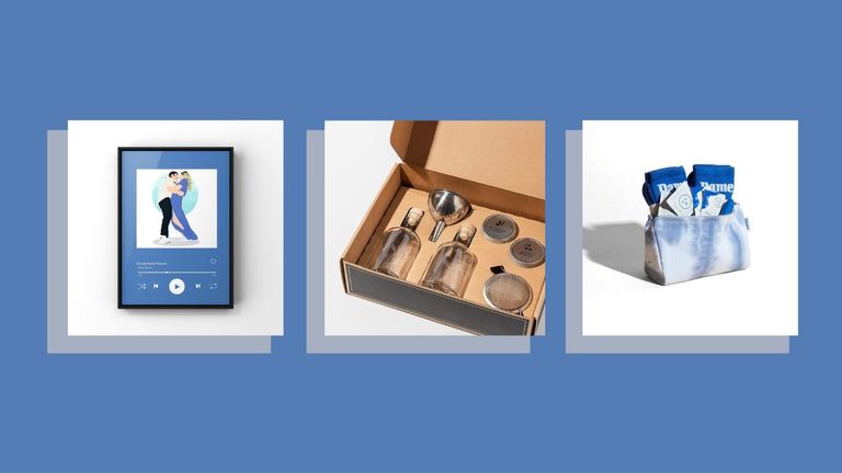 best gifts for couples collage: Gin Making Kit, Spotify Custom Portrait, and Sex Kit