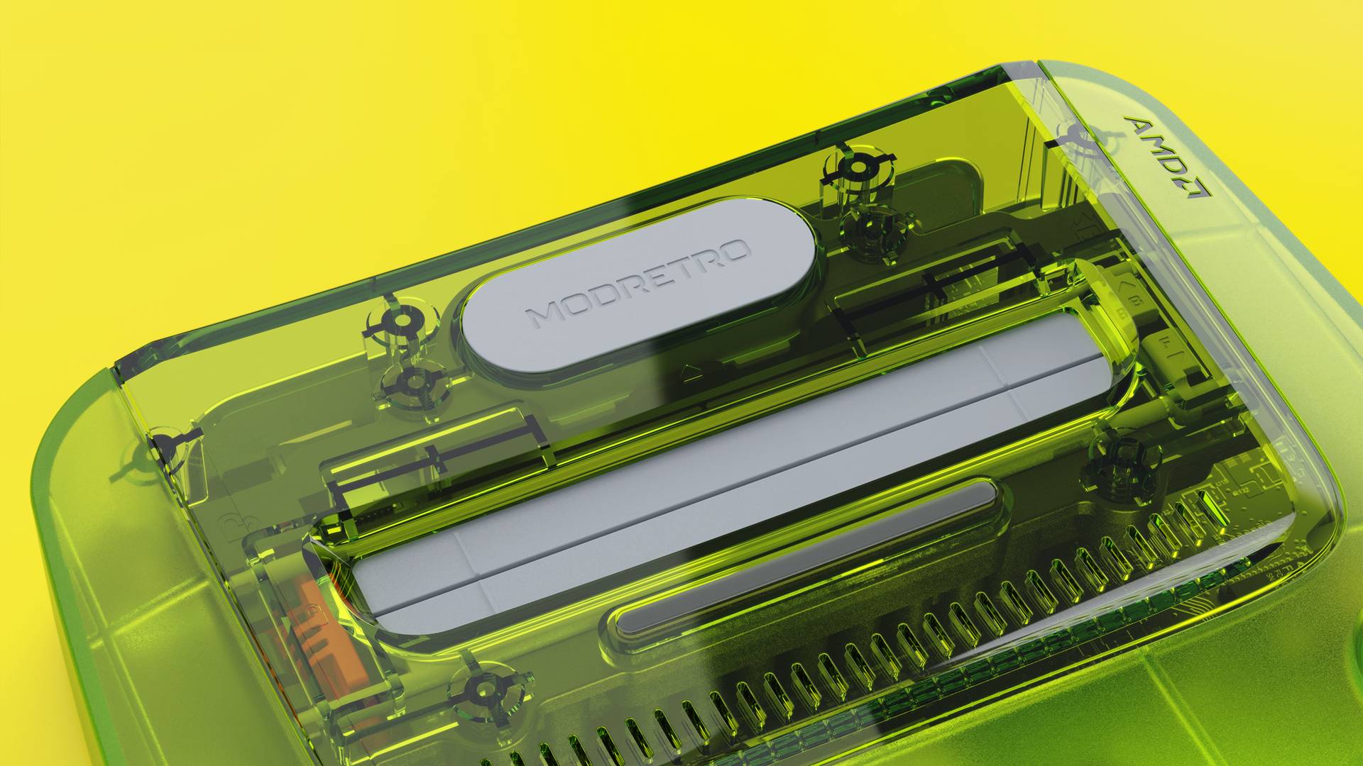 Close up of green Modretro M64 cartirdge slot.