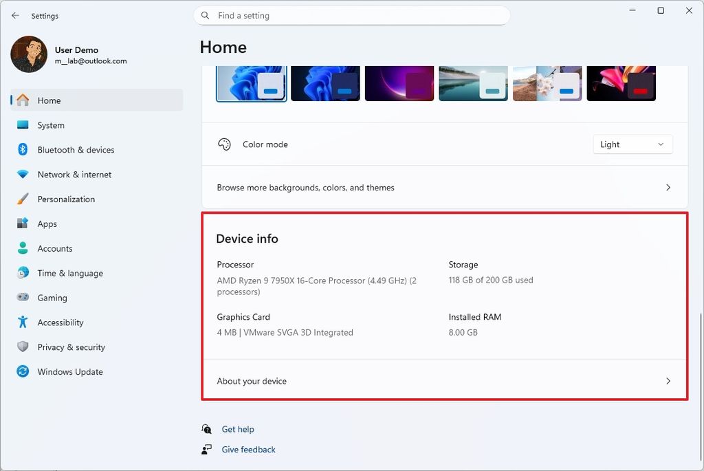 Settings Home with Device info card