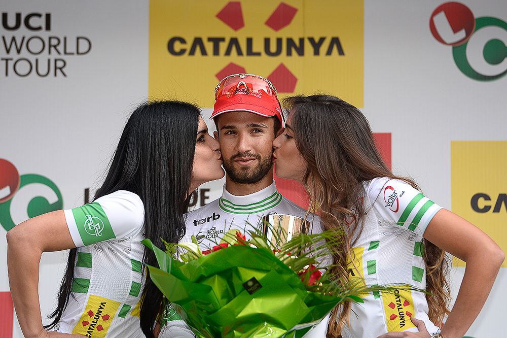 Nacer Bouhanni on the stage 1 podium at Volta a Catalunya.