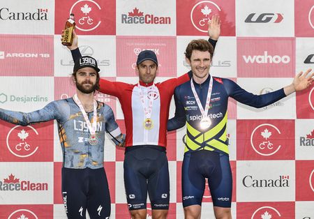 The men's time trial podium: Alec Cowan, Hugo Houle, Derek Gee