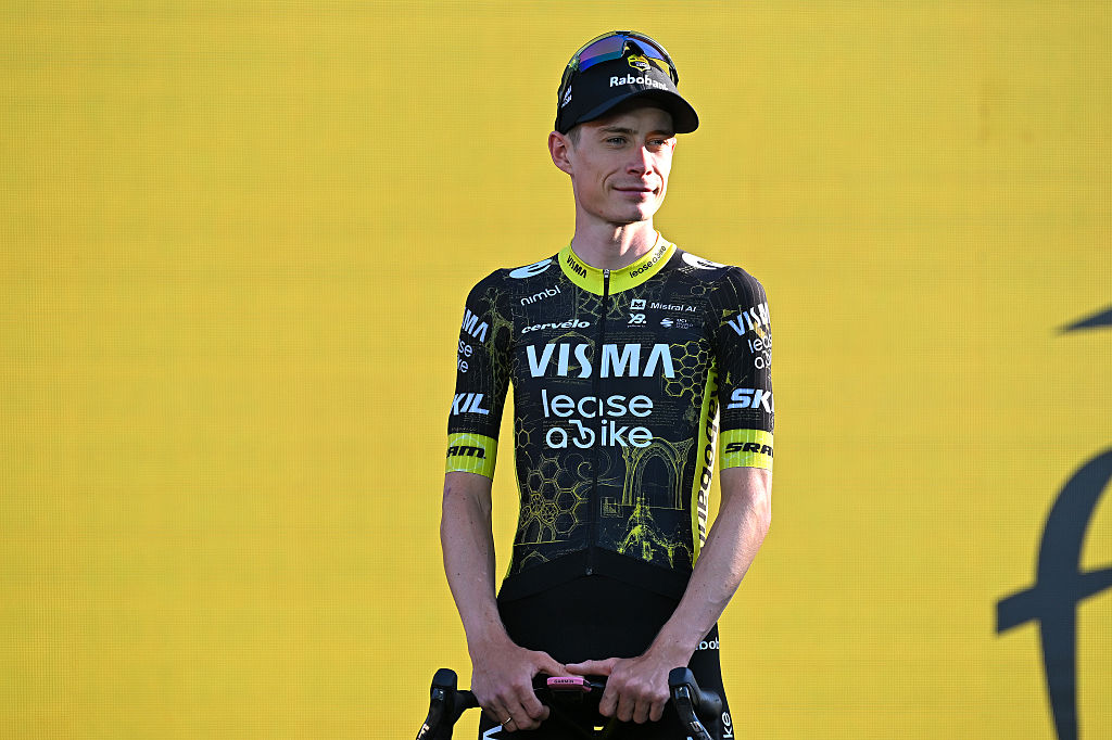 BARCELONA, SPAIN - JULY 02: Jonas Vingegaard of Denmark and Team Visma | Lease a Bike during the team presentation prior to the 113th Tour de France 2026 / #UCIWT / on July 02, 2026 in Barcelona, Spain. (Photo by Tim de Waele/Getty Images)