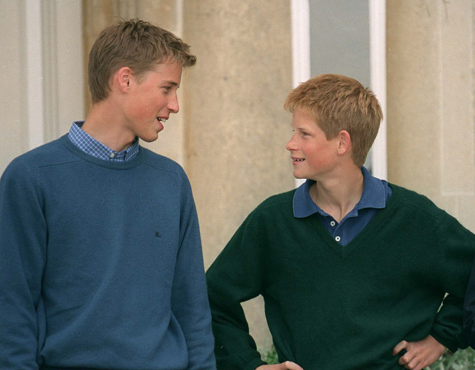 Prince William and Prince Harry wearing sweatshirts as teenagers and looking at each other