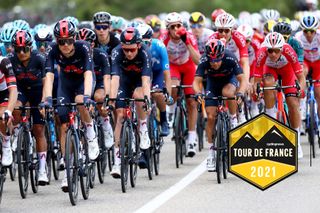 NÃŽMES, FRANCE - JULY 08: Richard Carapaz of Ecuador, Dylan Van Baarle of The Netherlands, Tao Geoghegan Hart of The United Kingdom, Richie Porte of Australia and Team INEOS Grenadiers & Anthony Perez of France and Team Cofidis during the 108th Tour de France 2021, Stage 12 a 159,4km stage from Saint-Paul-Trois-Chateaux to Nimes / @LeTour / #TDF2021 / on July 08, 2021 in NÃ®mes, France. (Photo by Michael Steele/Getty Images)