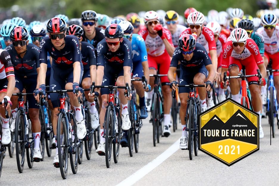 NÃŽMES, FRANCE - JULY 08: Richard Carapaz of Ecuador, Dylan Van Baarle of The Netherlands, Tao Geoghegan Hart of The United Kingdom, Richie Porte of Australia and Team INEOS Grenadiers &amp; Anthony Perez of France and Team Cofidis during the 108th Tour de France 2021, Stage 12 a 159,4km stage from Saint-Paul-Trois-Chateaux to Nimes / @LeTour / #TDF2021 / on July 08, 2021 in NÃ®mes, France. (Photo by Michael Steele/Getty Images)