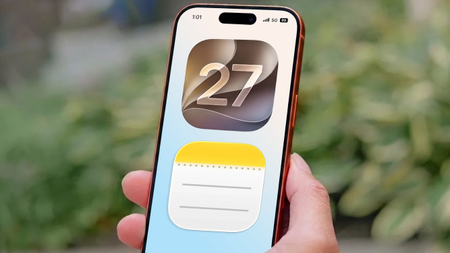 iOS 27 logo on iPhone with Notes app icon