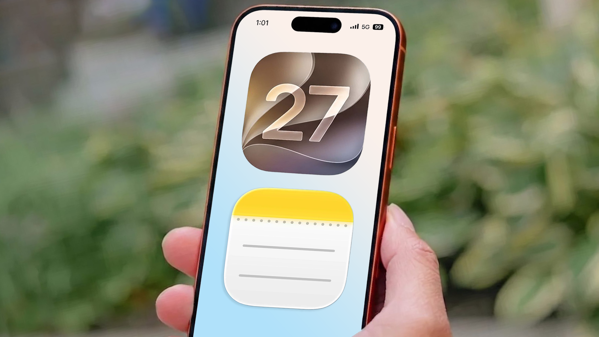 iOS 27 logo on iPhone with Notes app icon