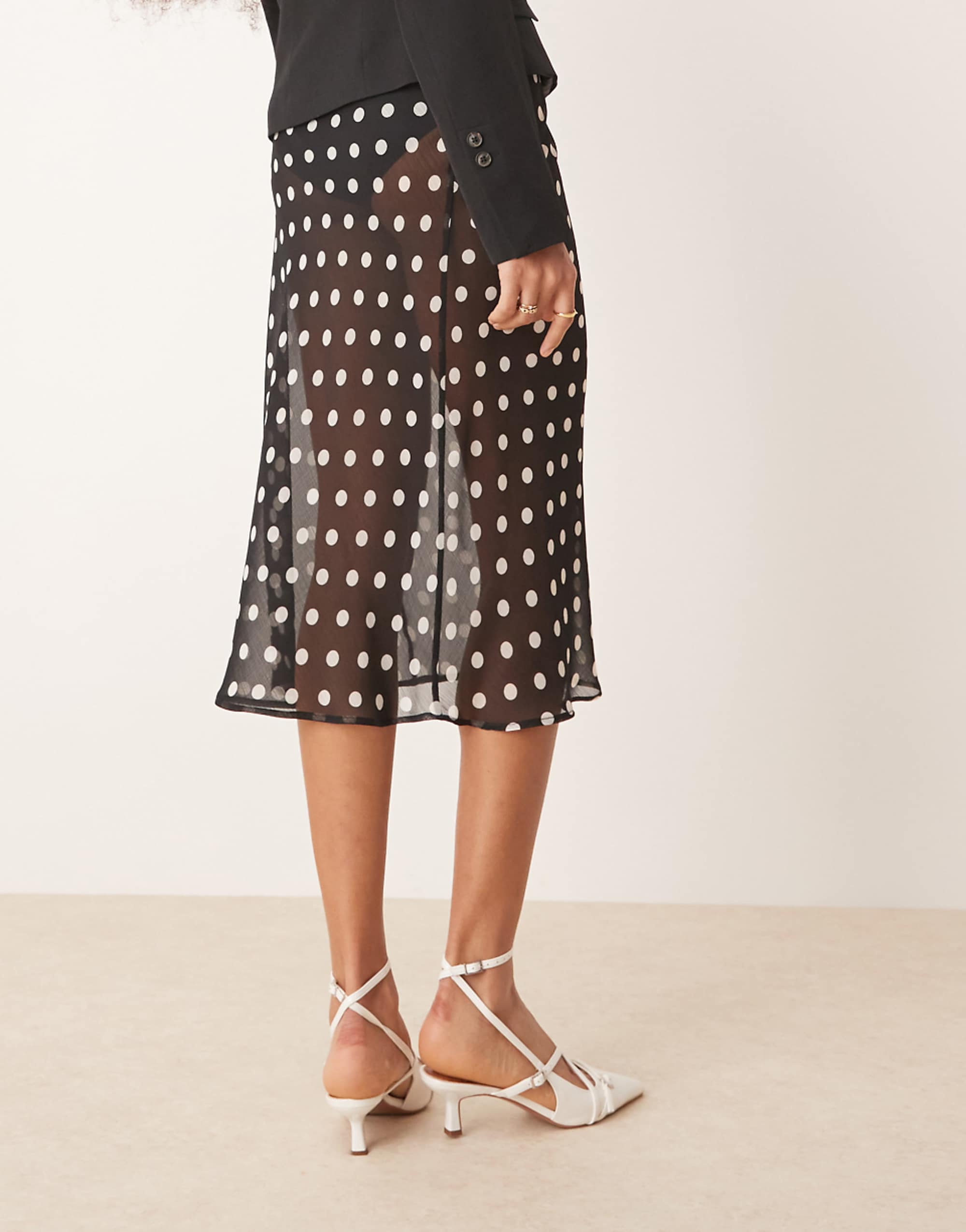 Asos Design Sheer Chiffon Bias Cut Midi Skirt in Polka Dot Print