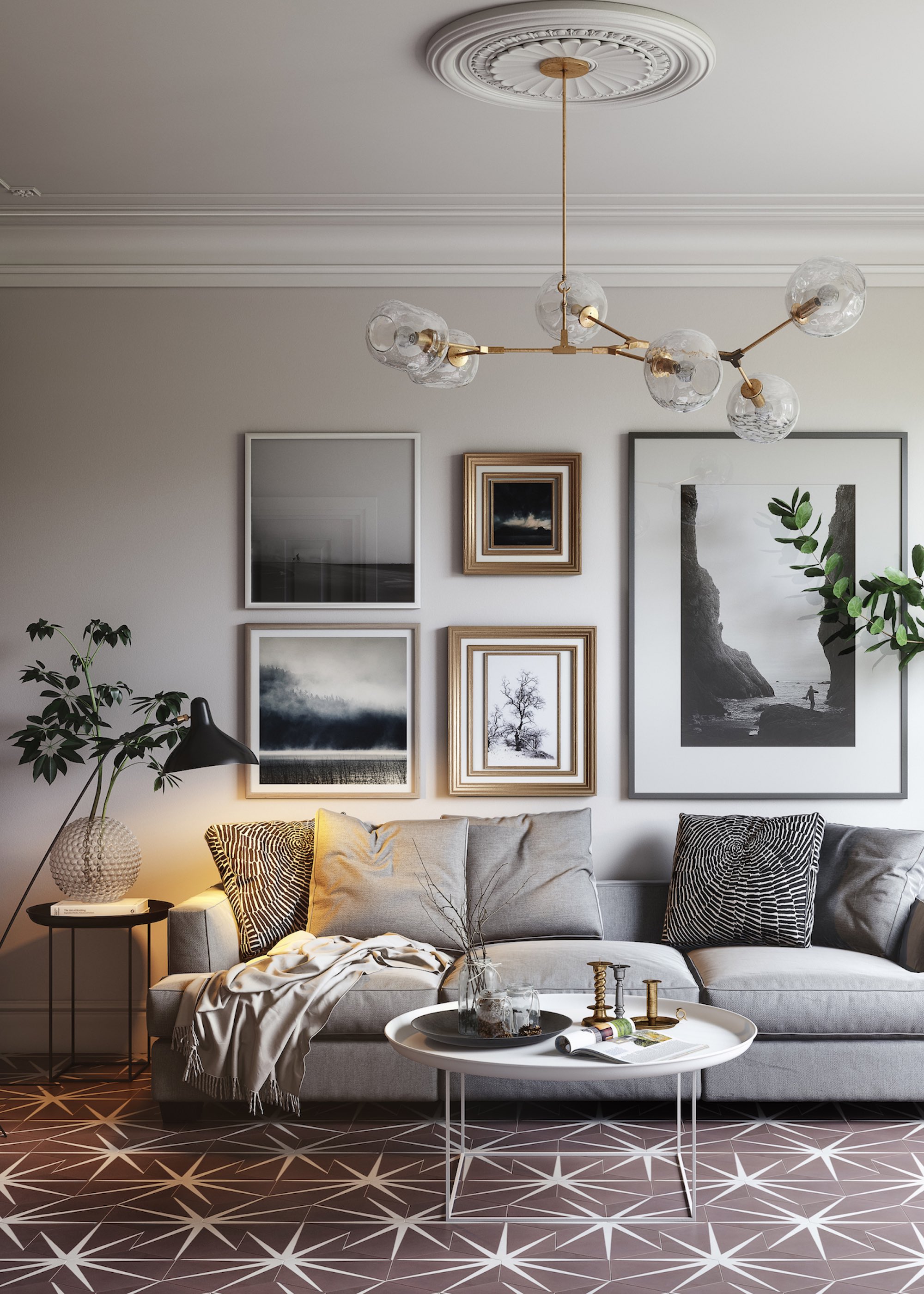 grey sofa with lily pad floor tiles and statement lighting and art behind