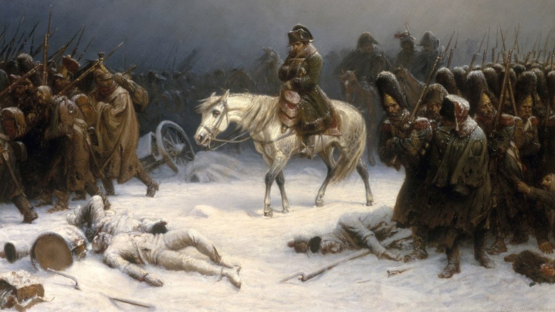 a painting of Napoleon's army retreating in the winter with dead bodies on the snowy ground