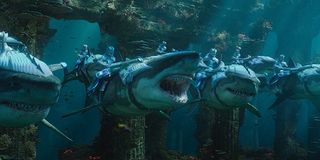 Warriors riding sharks in Aquaman