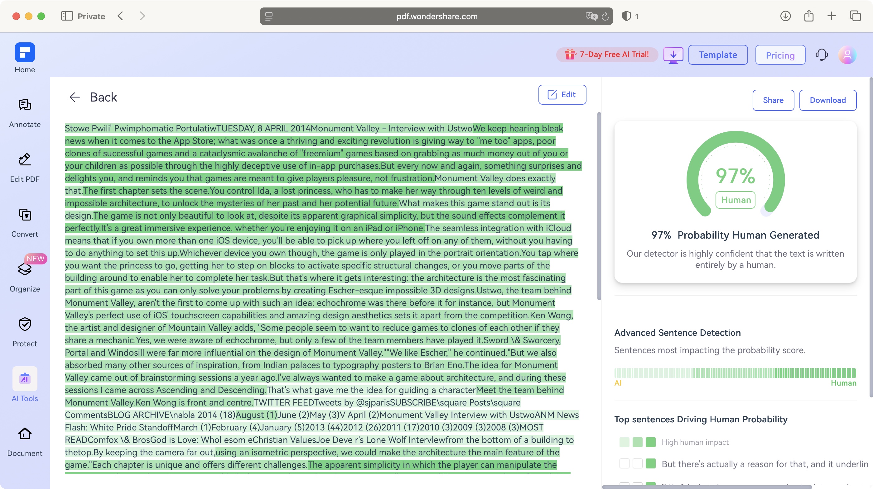 Wondershare HiPDF PDF editor during our review
