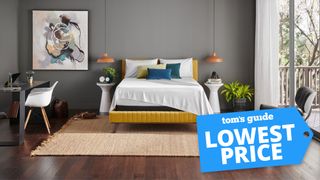 Image shows white Tempur-Pedic ProAir Bed Sheets used on a luxury white mattress placed on a yellow bedframe in a grey bedframe, with a blue 'lowest price' sales badge overlaid on the image in the bottom right hand corner