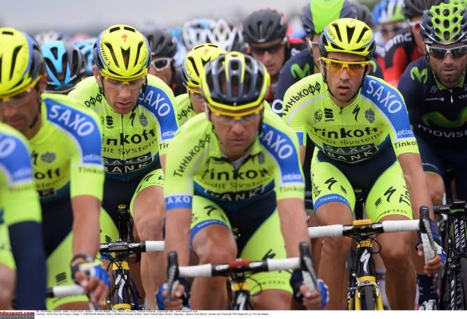 Alberto Contador surrounded by his Tinkoff-Saxo teammates