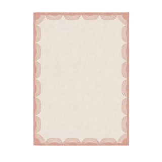 A beige rug with a pink fringe pattern
