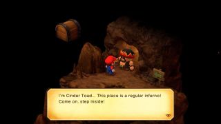 Mario meeting Cinder Toad in Super Mario RPG.
