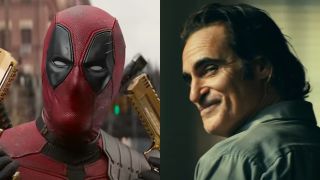 Wade Wilson (Ryan Reynolds) prepares for battle in Deadpool and Wolverine, while Arthur Fleck (Joaquin Phoenix) smiles at Harleen in Joker: Folie à Deux